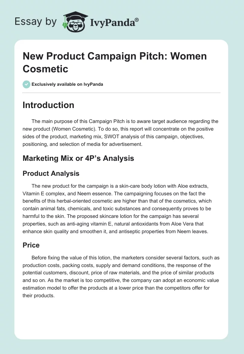 New Product Campaign Pitch: Women Cosmetic. Page 1