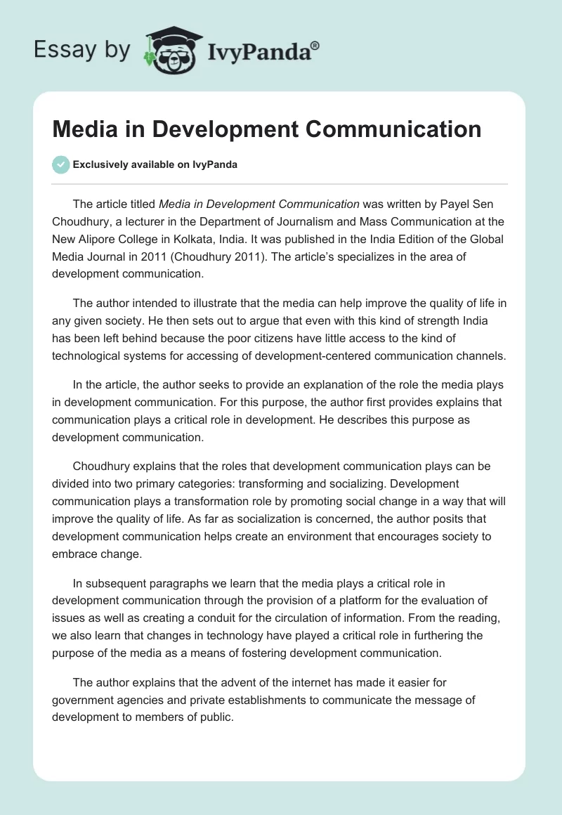 Media in Development Communication. Page 1
