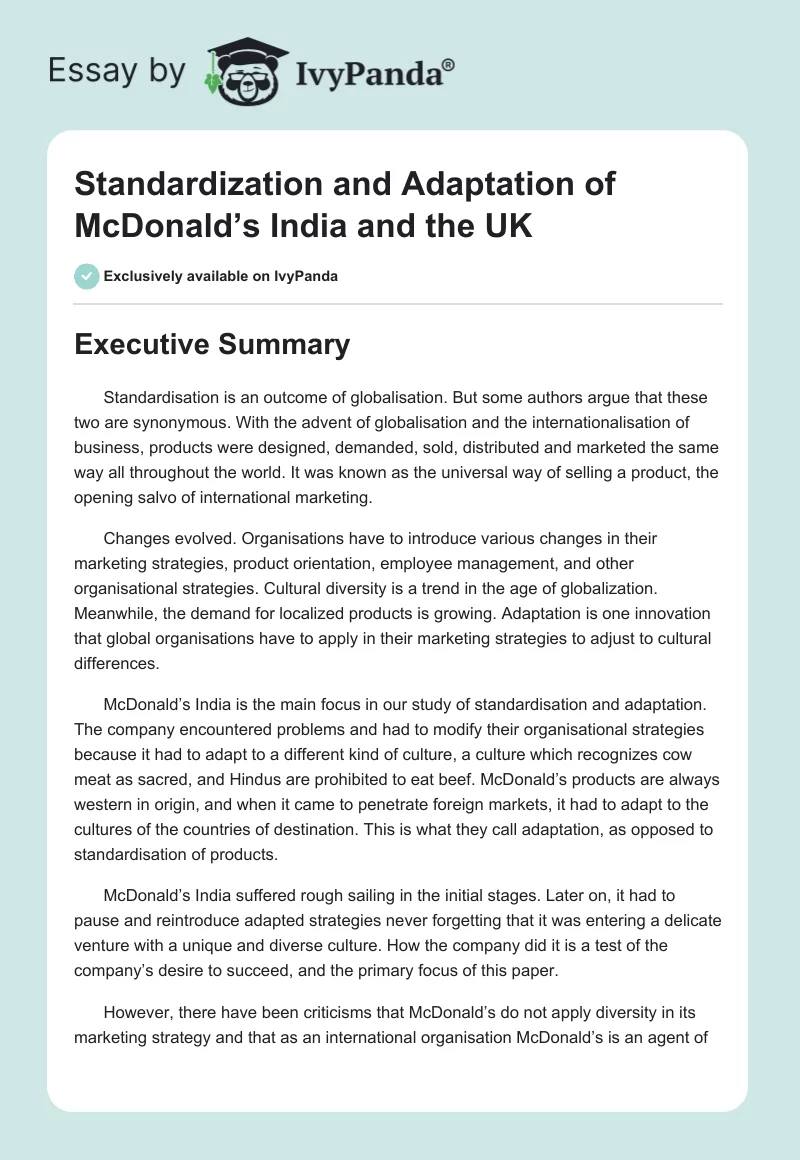Standardization and Adaptation of McDonald’s India and the UK. Page 1