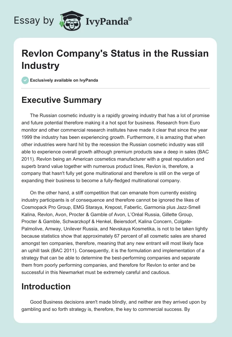 Revlon Company's Status in the Russian Industry. Page 1