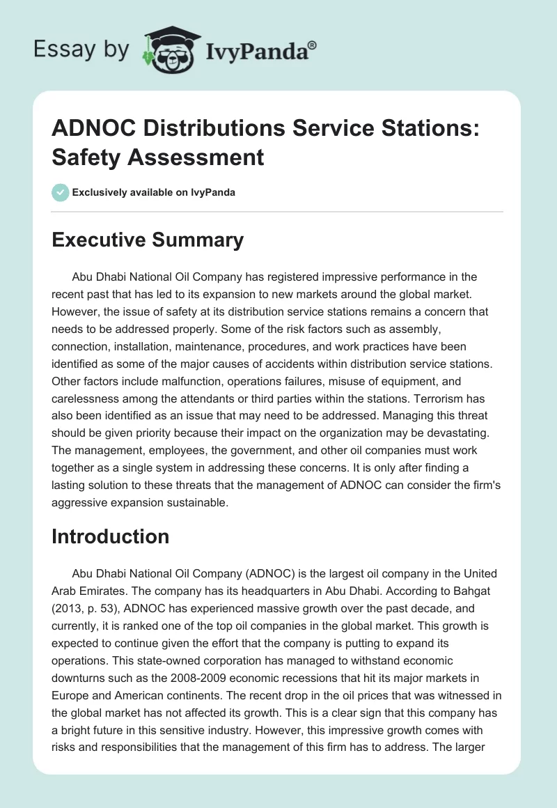 ADNOC Distributions Service Stations: Safety Assessment. Page 1