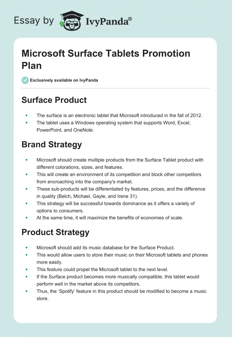 Microsoft Surface Tablets Promotion Plan. Page 1