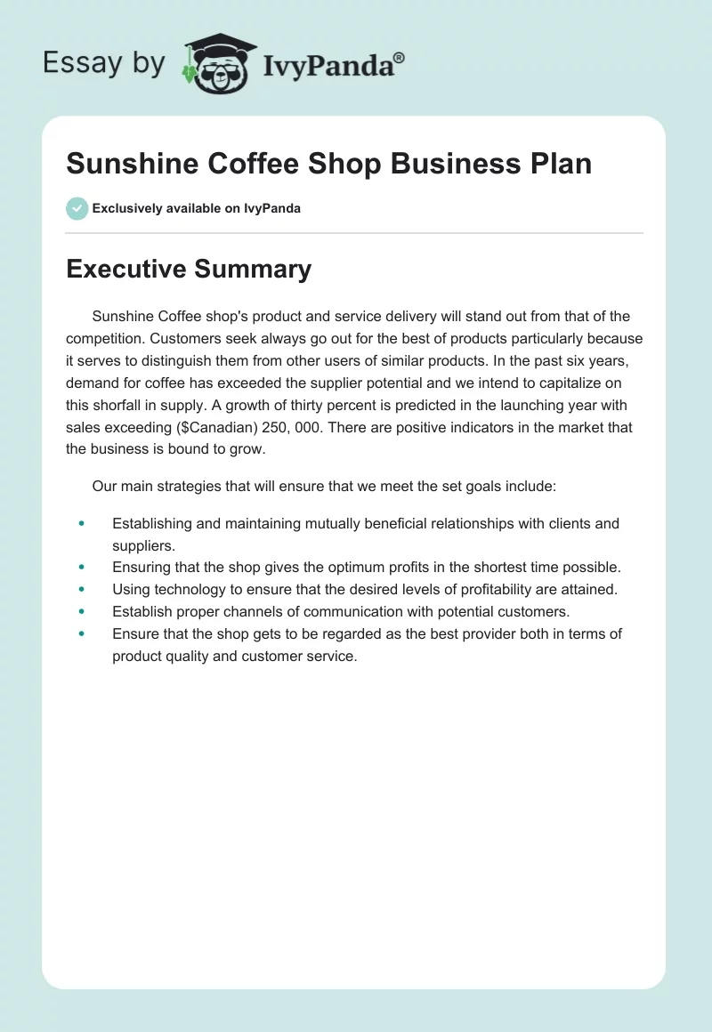Sunshine Coffee Shop Business Plan. Page 1
