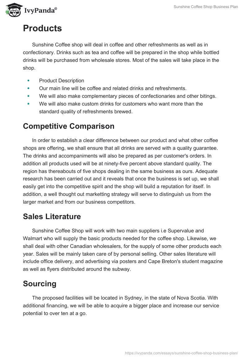 Sunshine Coffee Shop Business Plan. Page 5