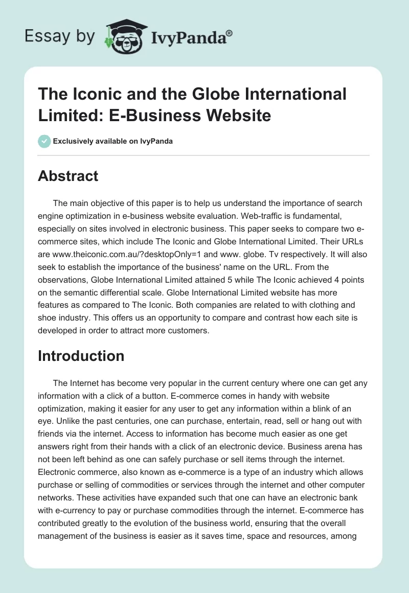 The Iconic and the Globe International Limited: E-Business Website. Page 1