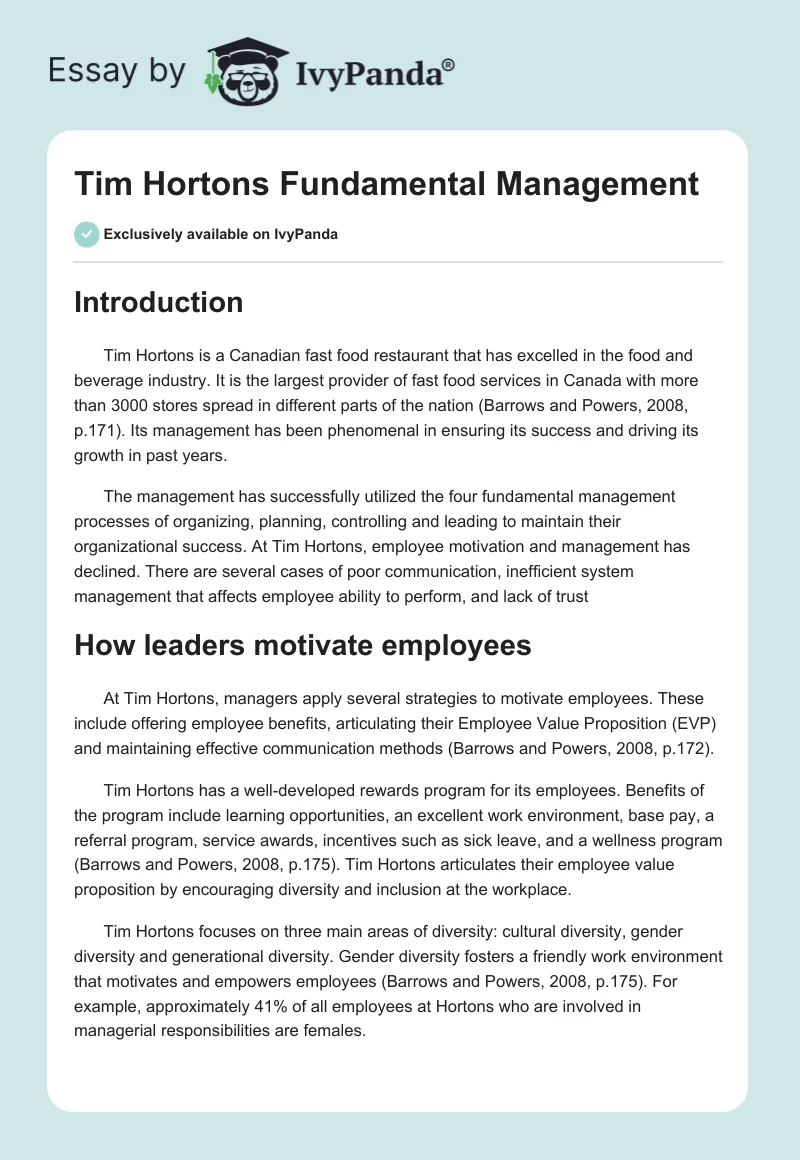 Tim Hortons Fundamental Management. Page 1