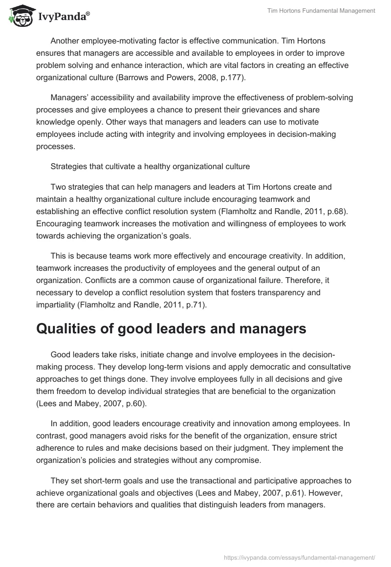 Tim Hortons Fundamental Management. Page 2