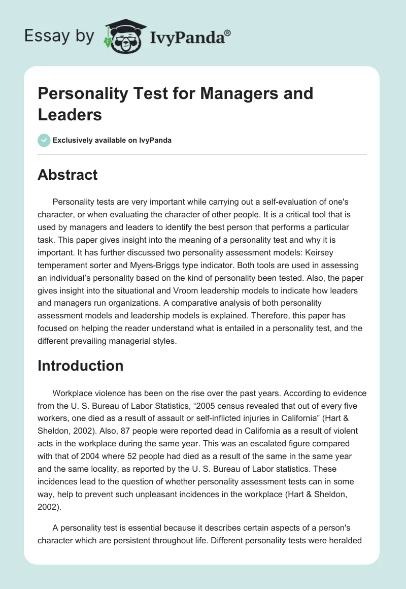Personality Test for Managers and Leaders. Page 1