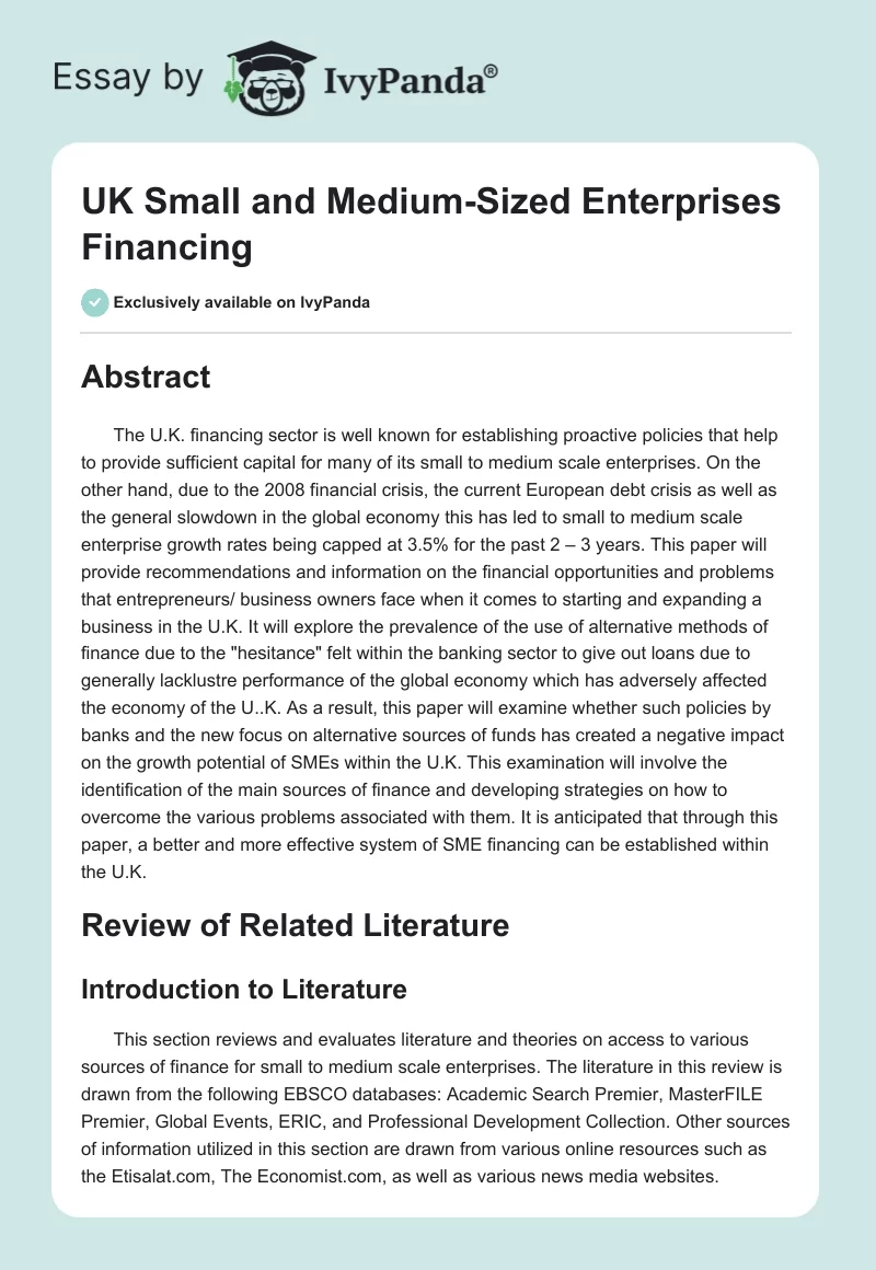 UK Small and Medium-Sized Enterprises Financing. Page 1