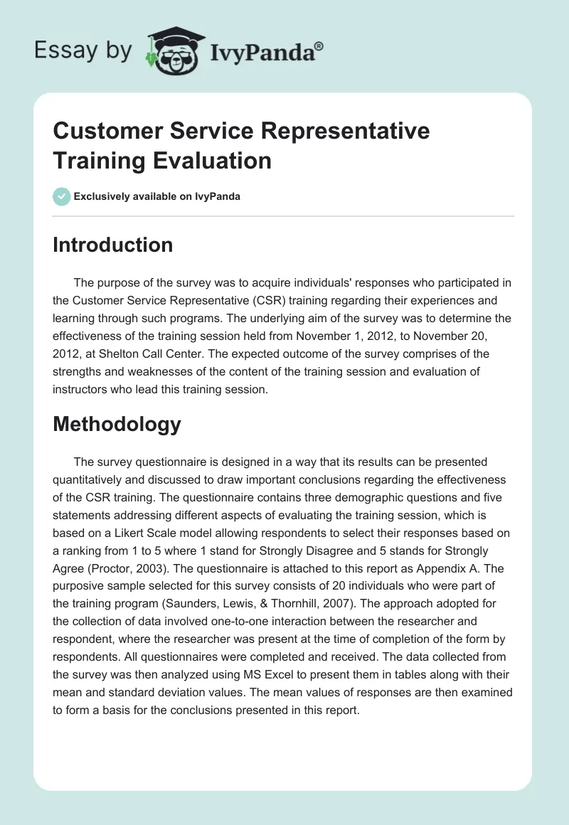 Customer Service Representative Training Evaluation. Page 1