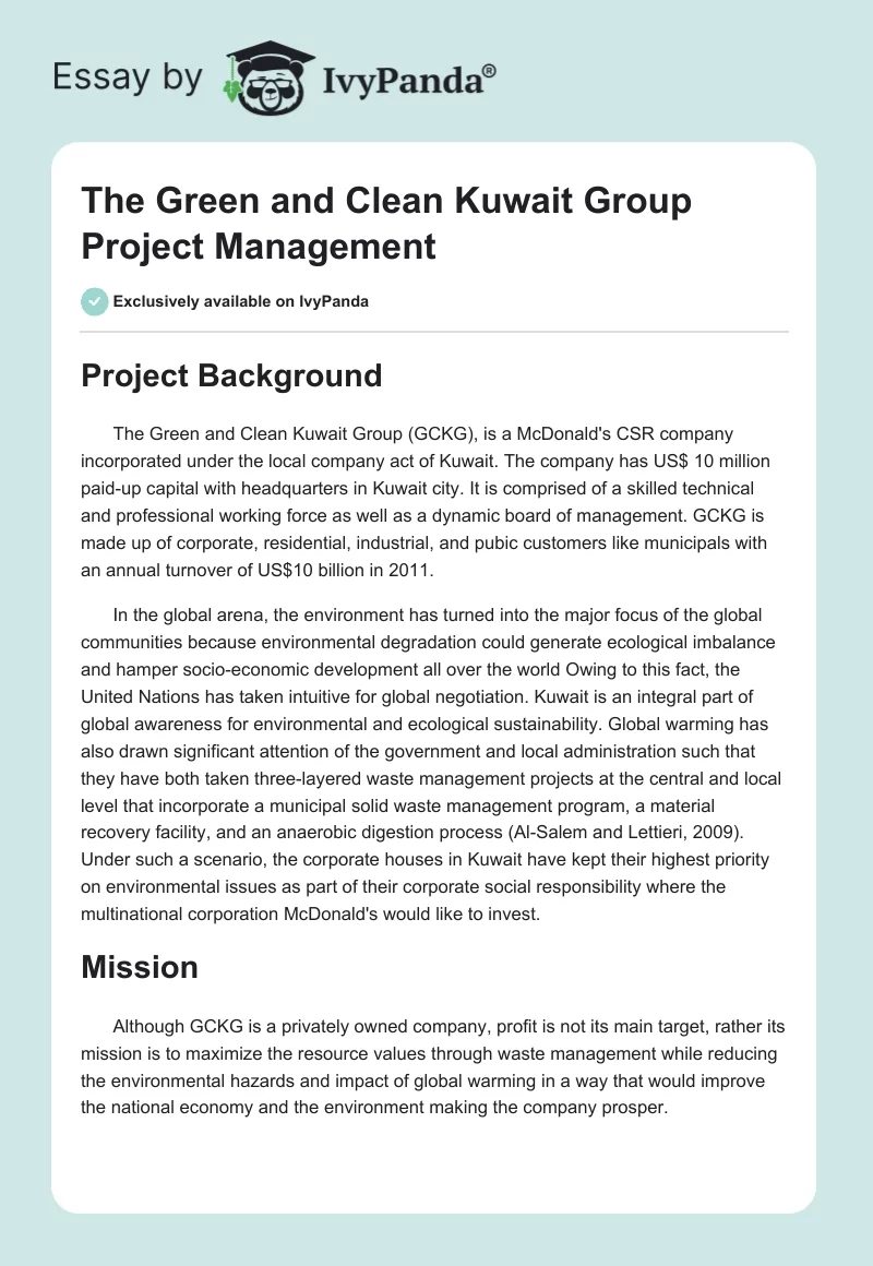 The Green and Clean Kuwait Group Project Management. Page 1