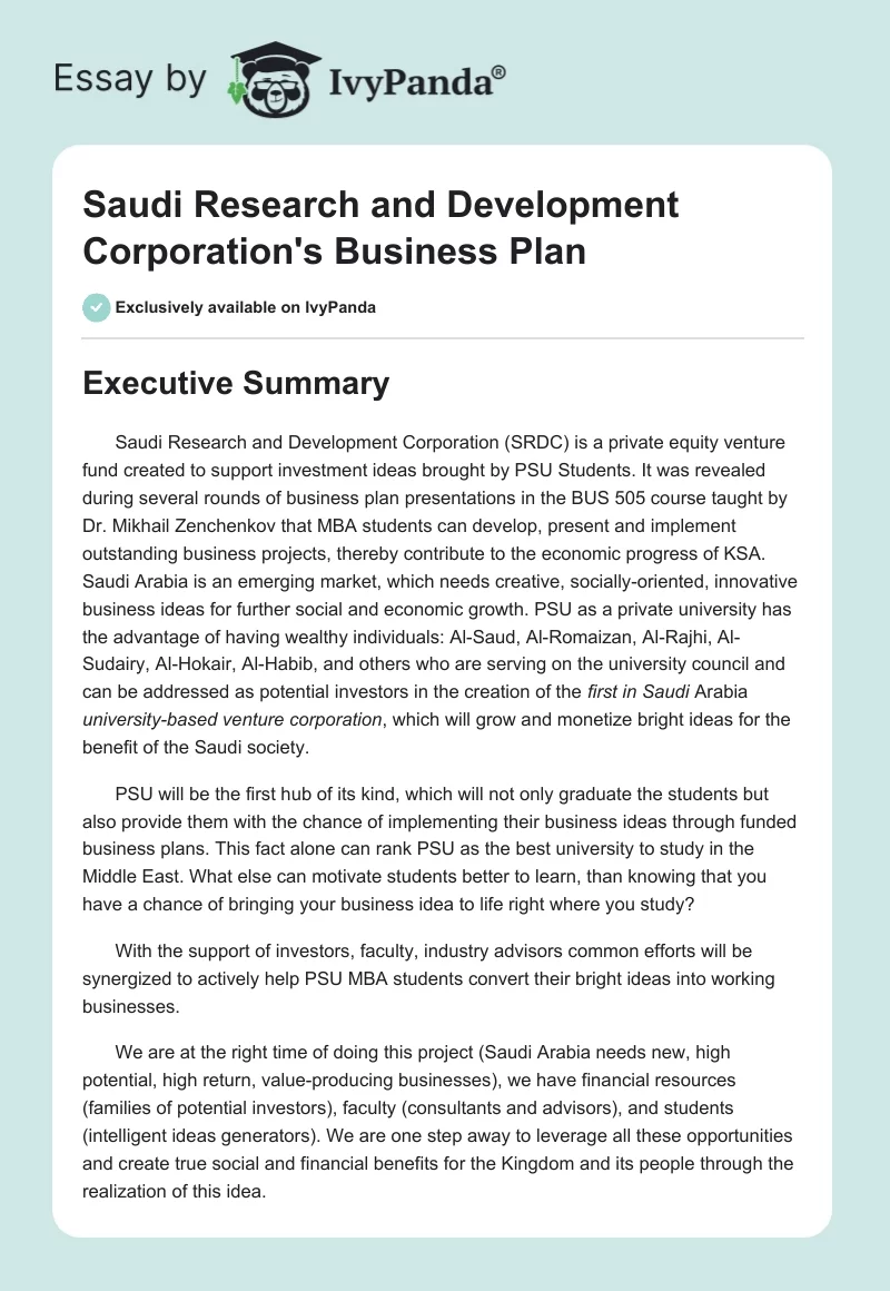Saudi Research and Development Corporation's Business Plan. Page 1