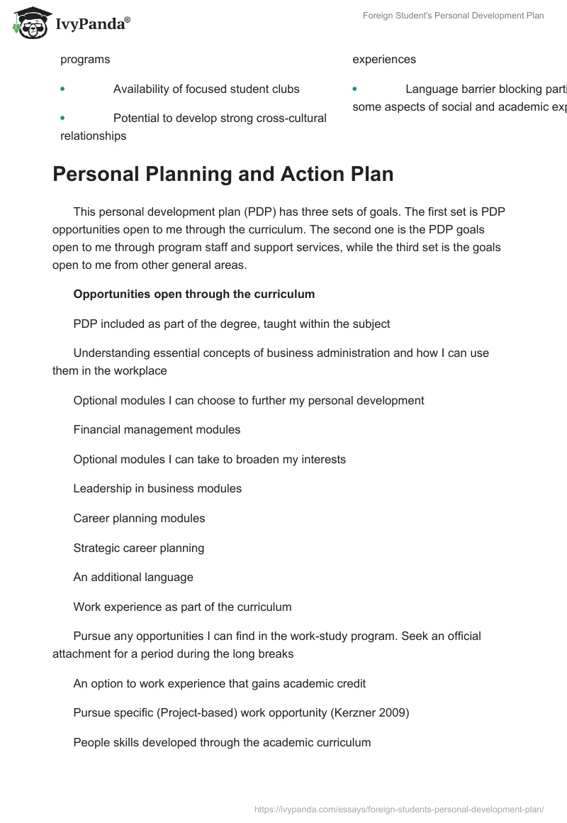 Foreign Student's Personal Development Plan. Page 5