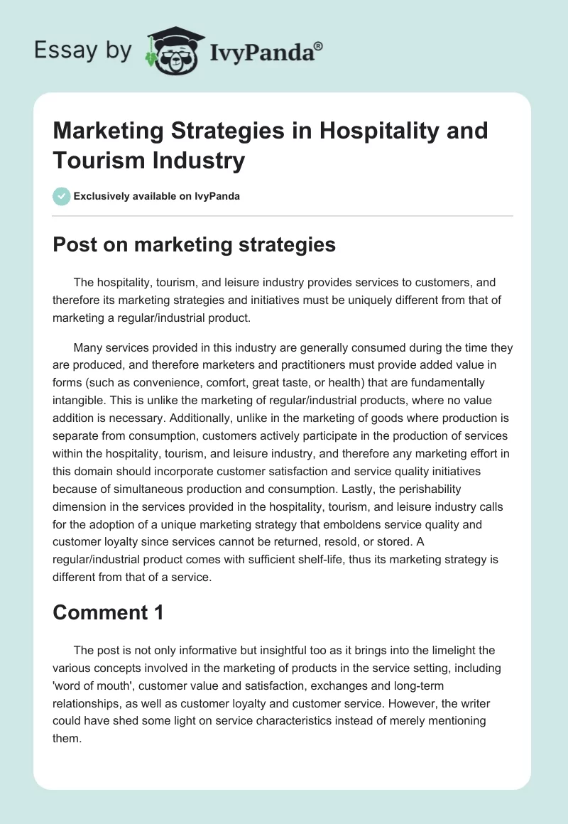 Marketing Strategies in Hospitality and Tourism Industry. Page 1