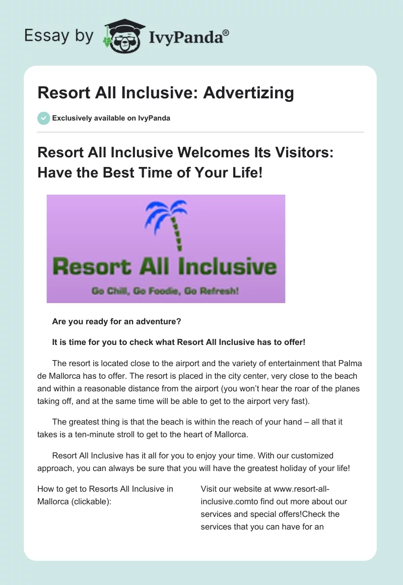 Resort All Inclusive: Advertizing. Page 1