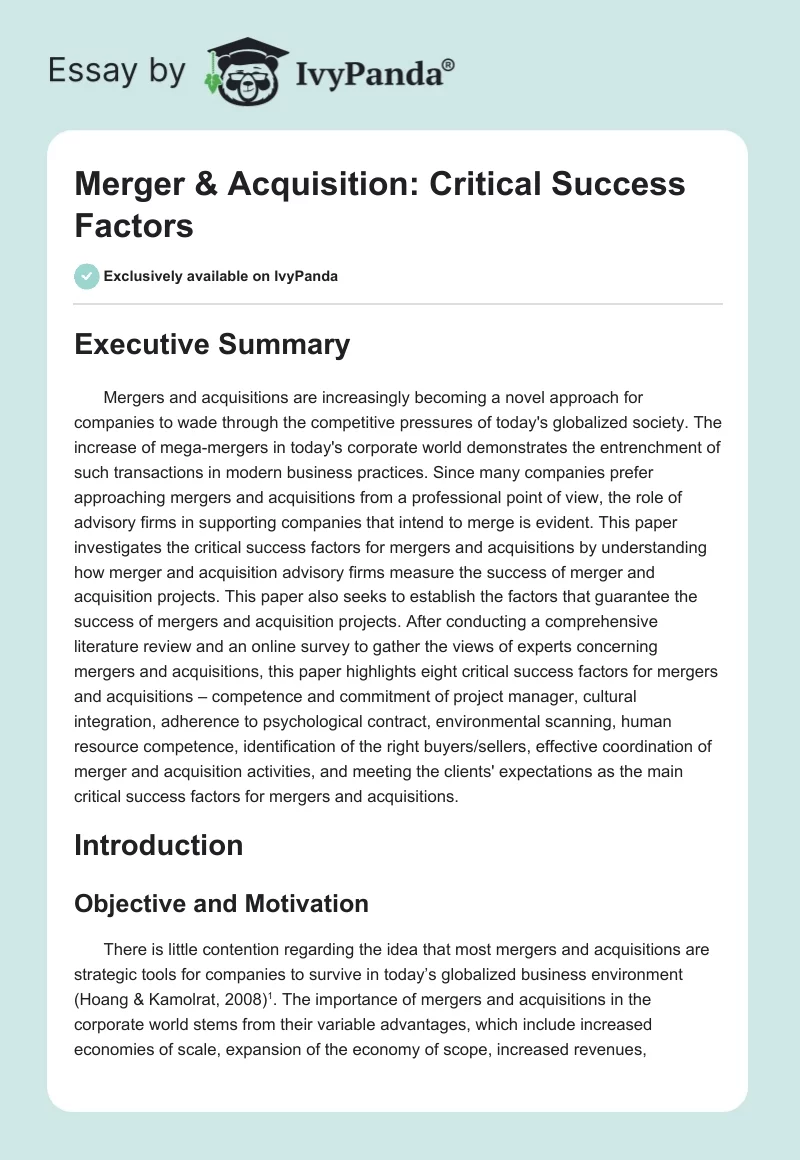 Merger & Acquisition: Critical Success Factors. Page 1