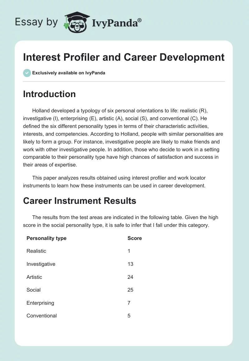 Interest Profiler and Career Development. Page 1