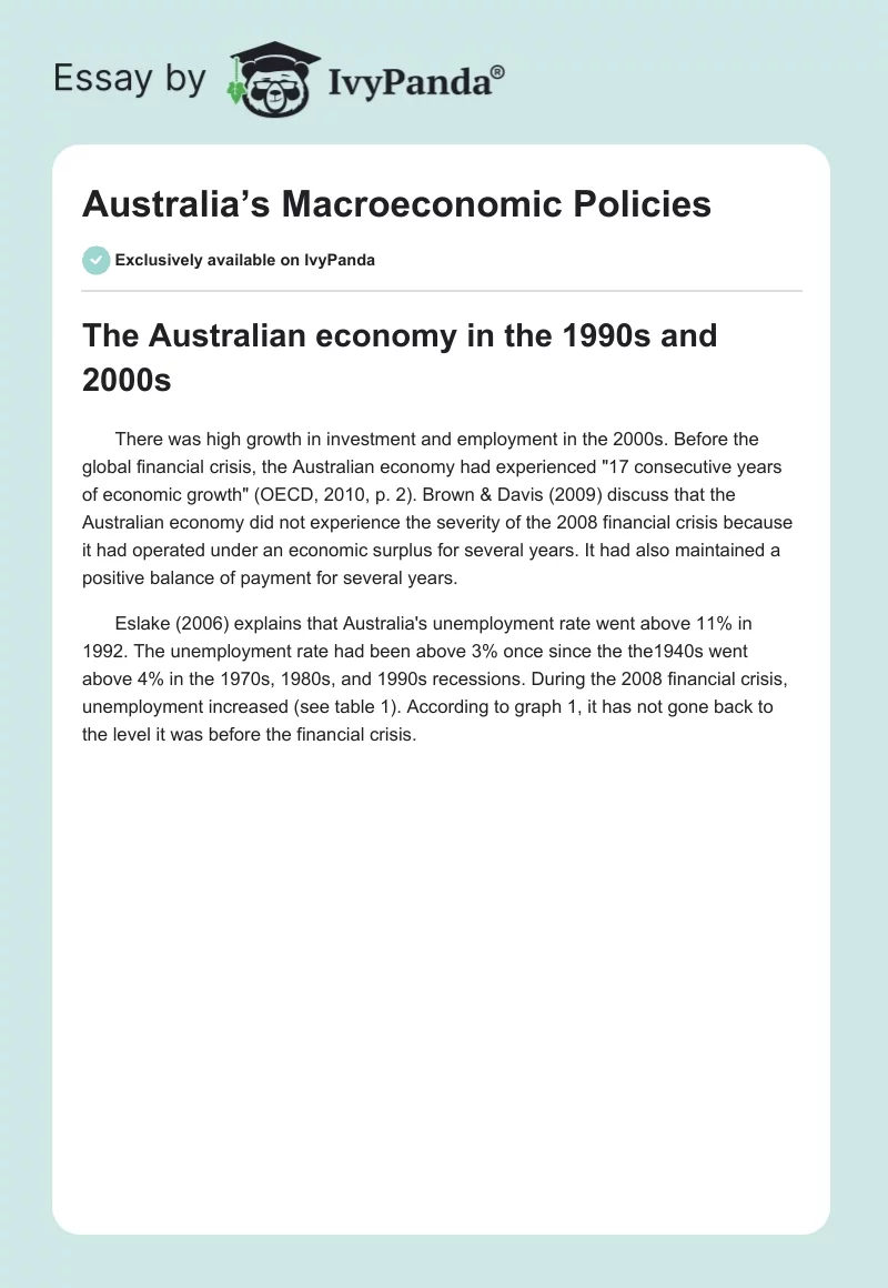 Australia’s Macroeconomic Policies. Page 1