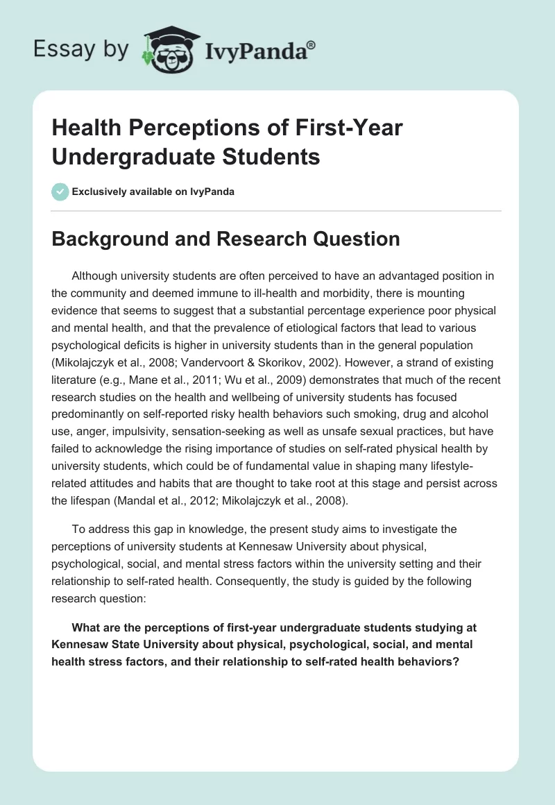 Health Perceptions of First-Year Undergraduate Students. Page 1