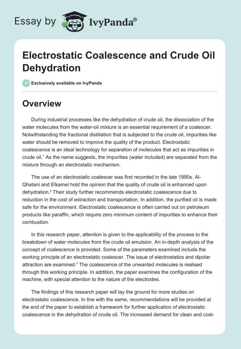 Electrostatic Coalescence and Crude Oil Dehydration. Page 1
