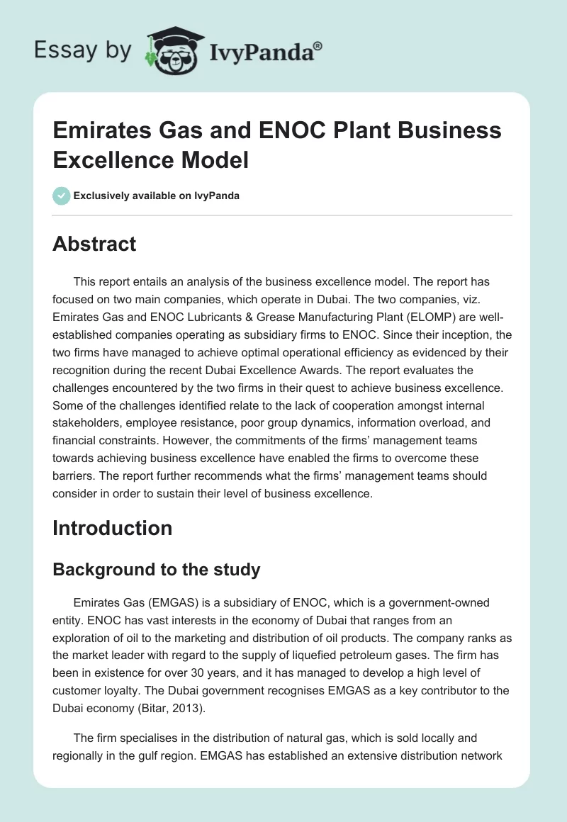 Emirates Gas and ENOC Plant Business Excellence Model. Page 1