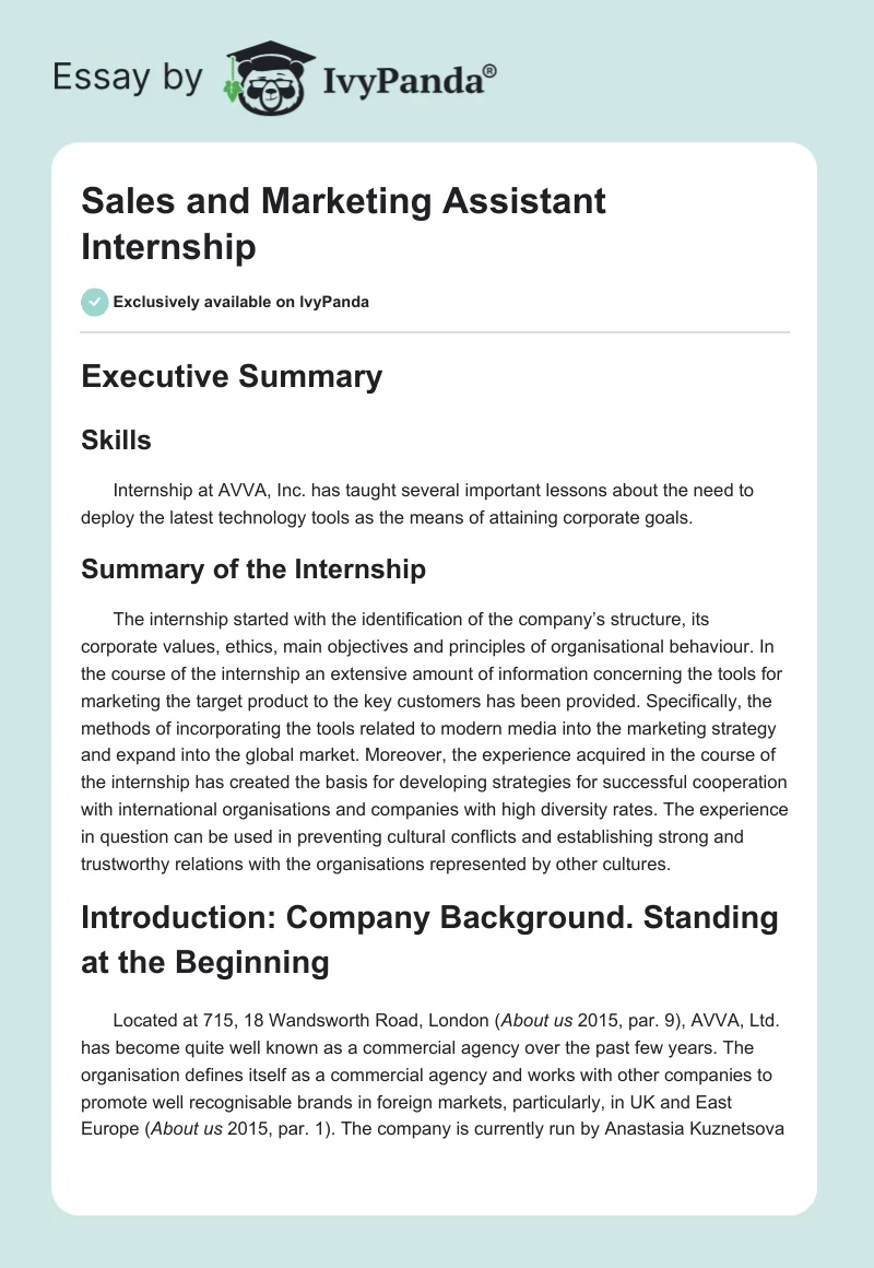 Sales and Marketing Assistant Internship. Page 1