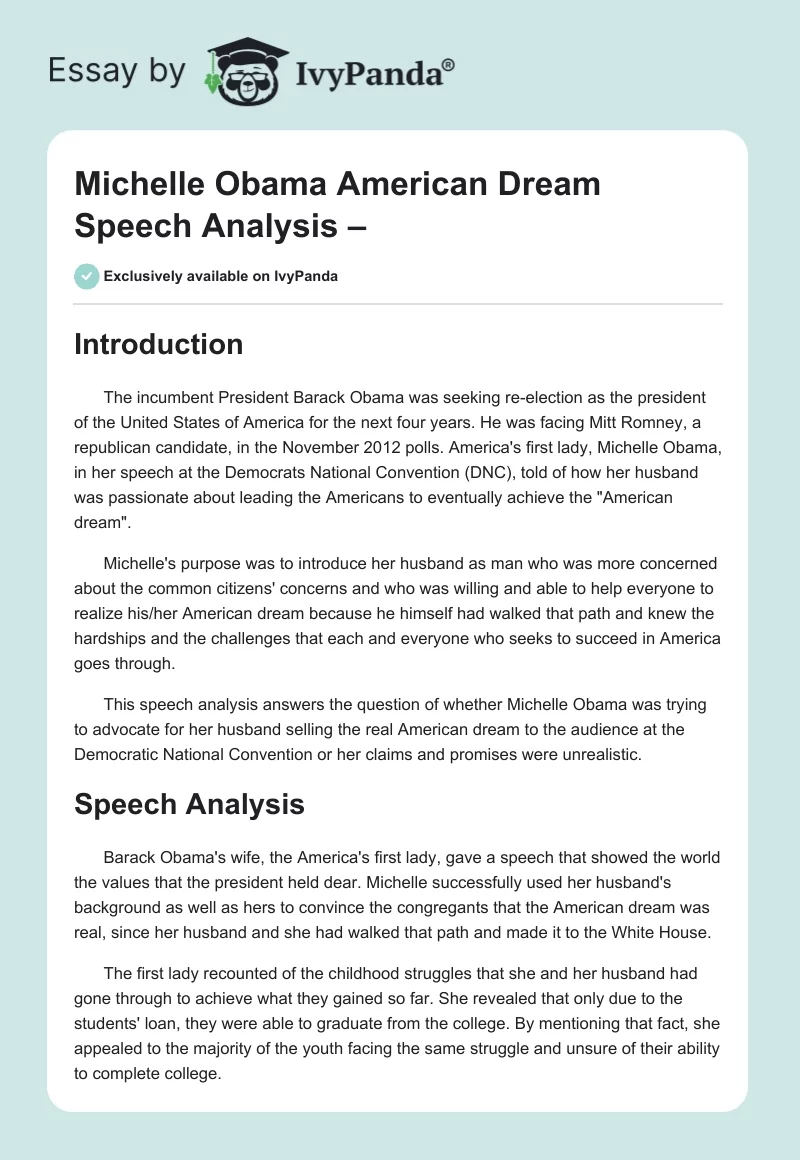 Michelle Obama American Dream Speech Analysis –. Page 1