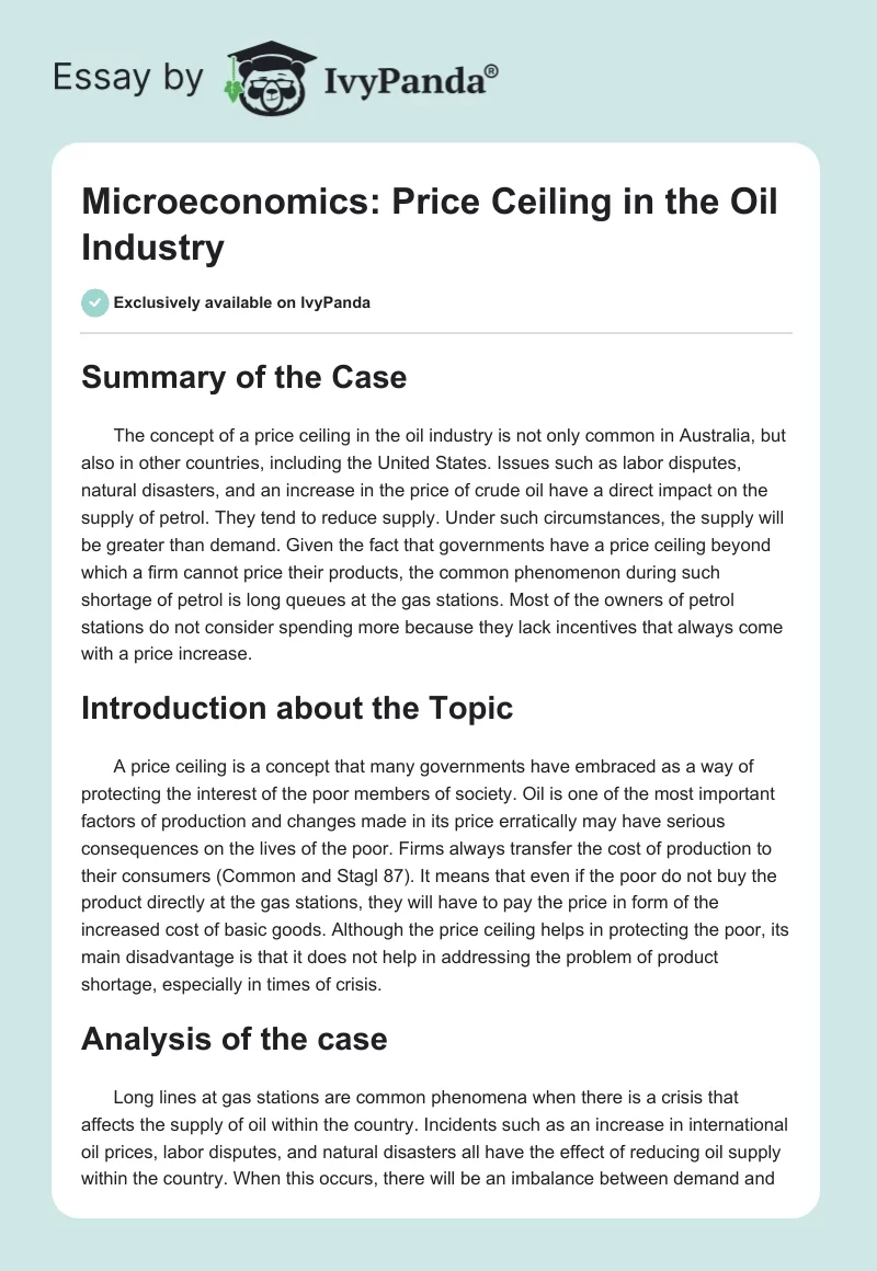 Microeconomics: Price Ceiling in the Oil Industry. Page 1