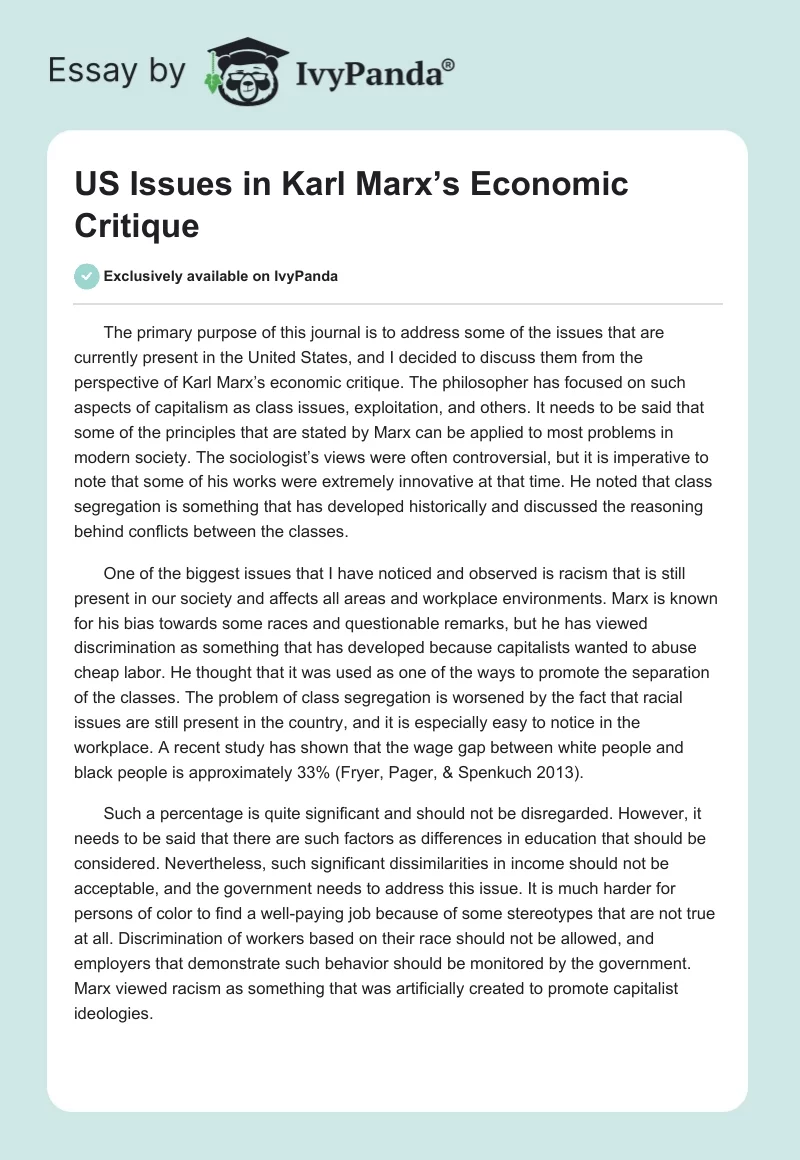 US Issues in Karl Marx’s Economic Critique. Page 1
