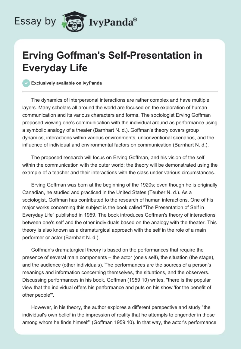 Erving Goffman's Self-Presentation in Everyday Life. Page 1