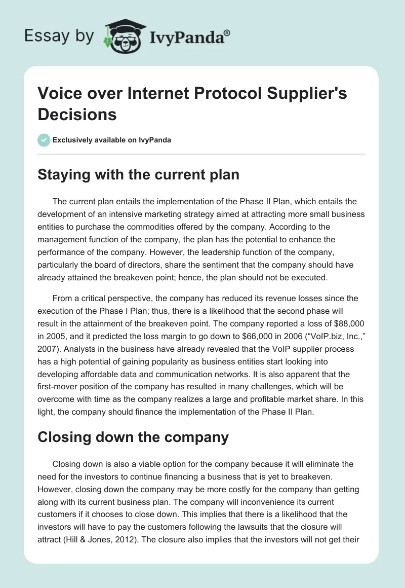 Voice over Internet Protocol Supplier's Decisions. Page 1
