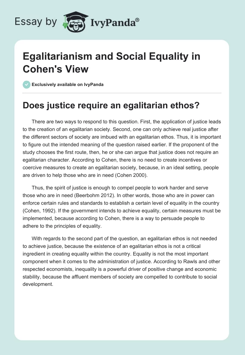 Egalitarianism and Social Equality in Cohen's View. Page 1