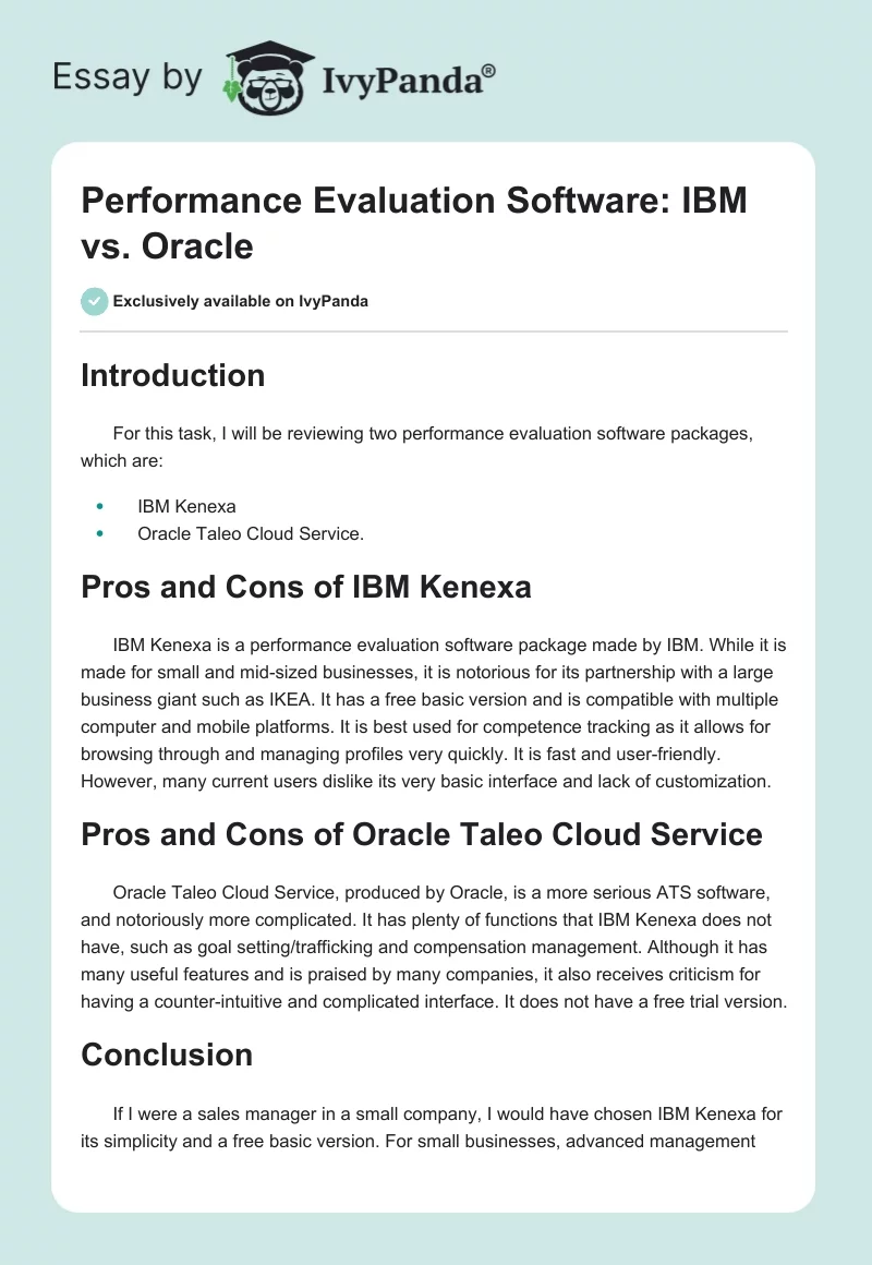 Performance Evaluation Software: IBM vs. Oracle. Page 1