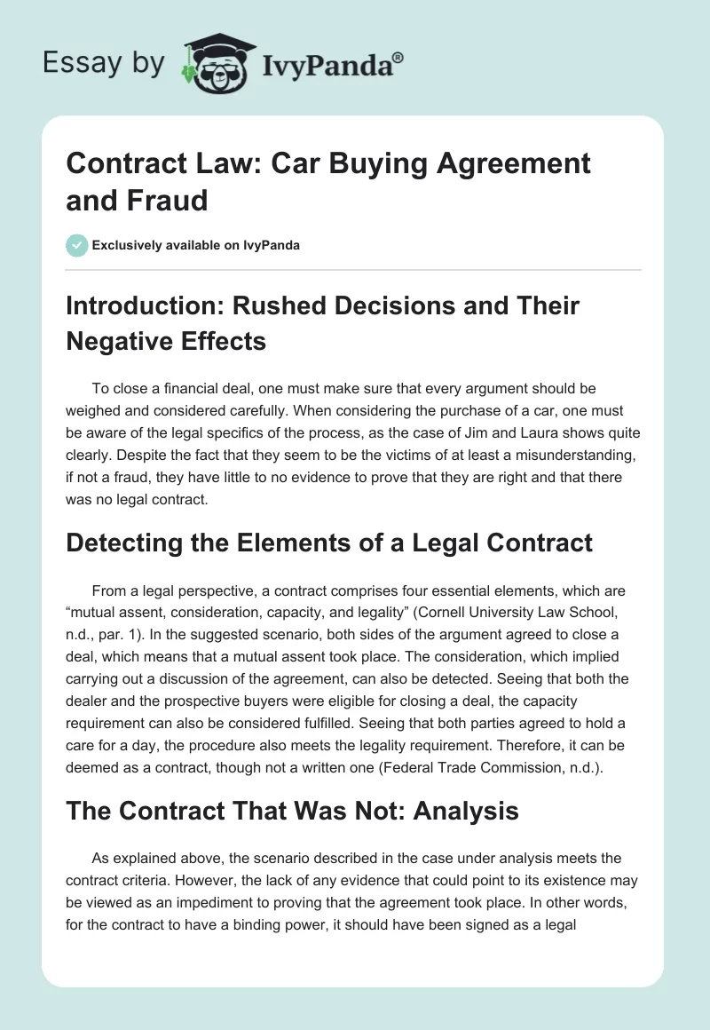 Contract Law: Car Buying Agreement and Fraud. Page 1