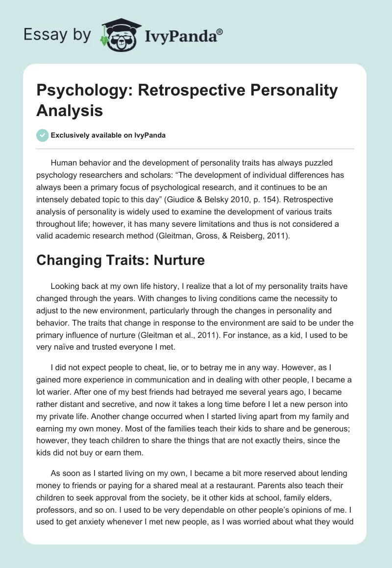 Psychology: Retrospective Personality Analysis. Page 1