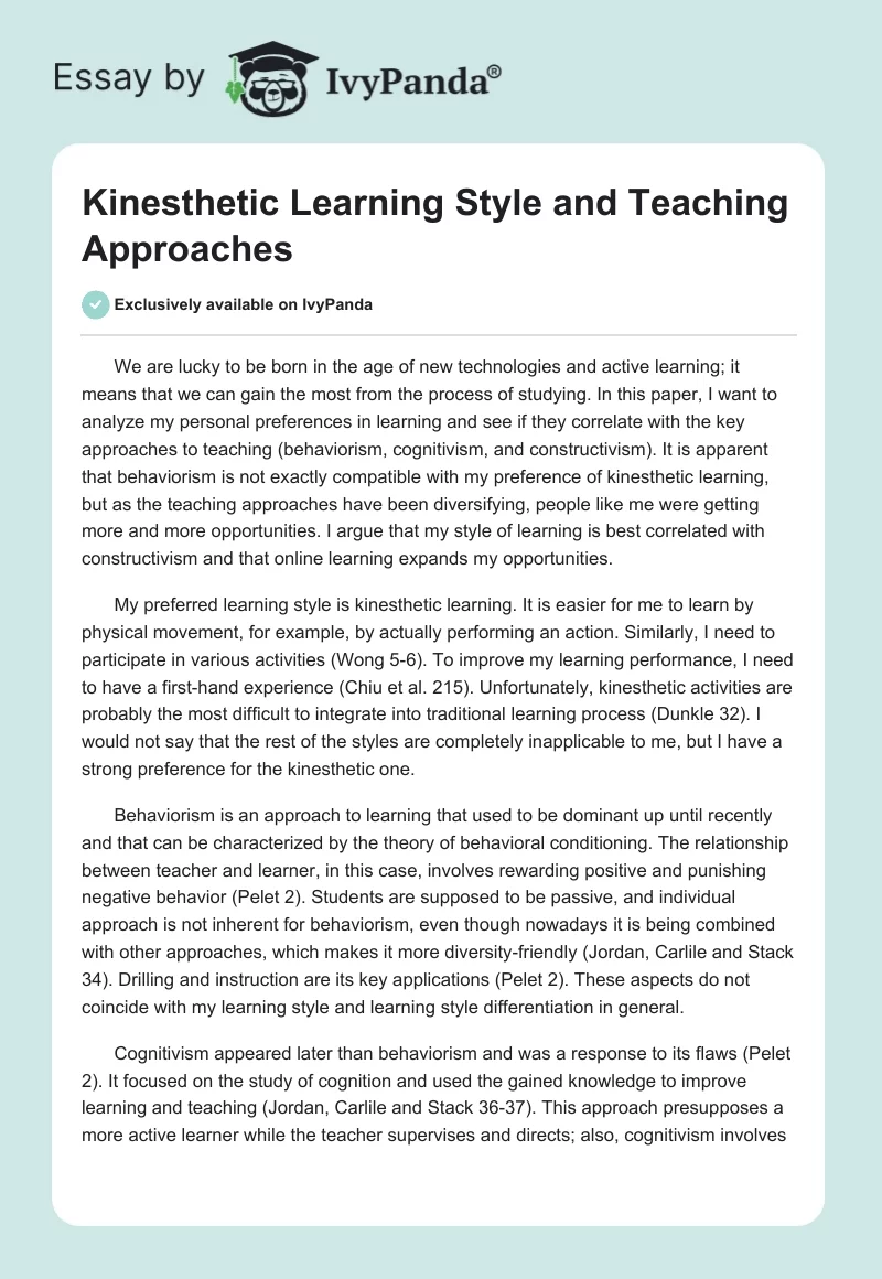 Kinesthetic Learning Style and Teaching Approaches. Page 1