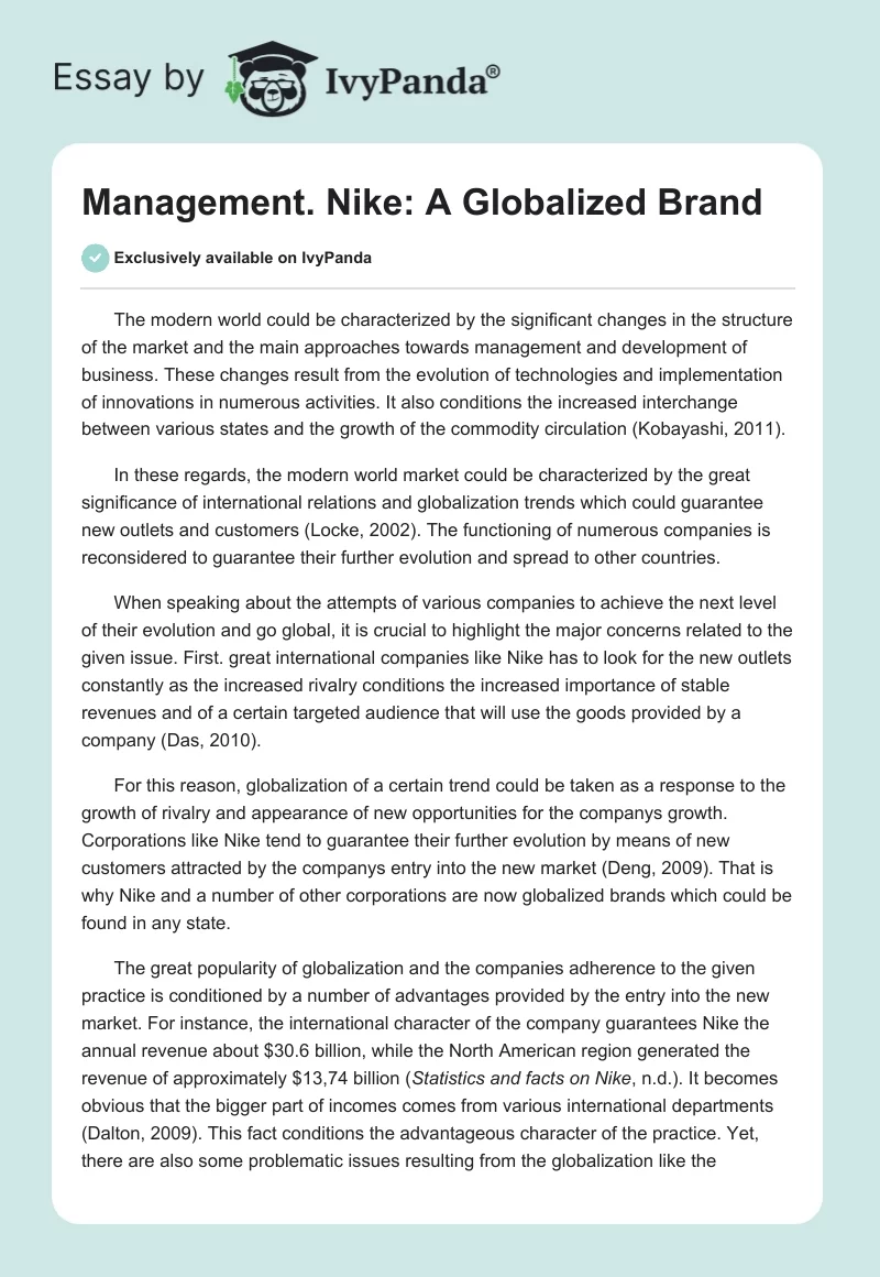 Management. Nike: A Globalized Brand. Page 1