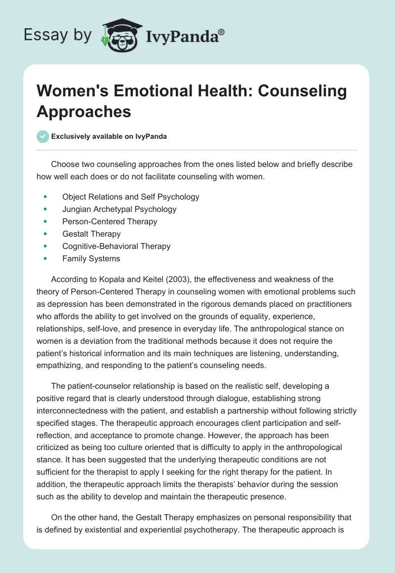 Women's Emotional Health: Counseling Approaches. Page 1