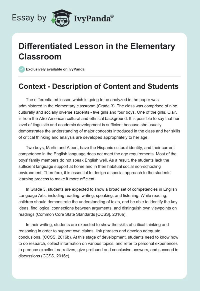 Differentiated Lesson in the Elementary Classroom. Page 1