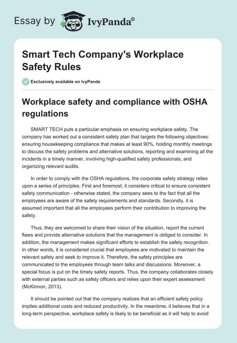 Smart Tech Company's Workplace Safety Rules. Page 1