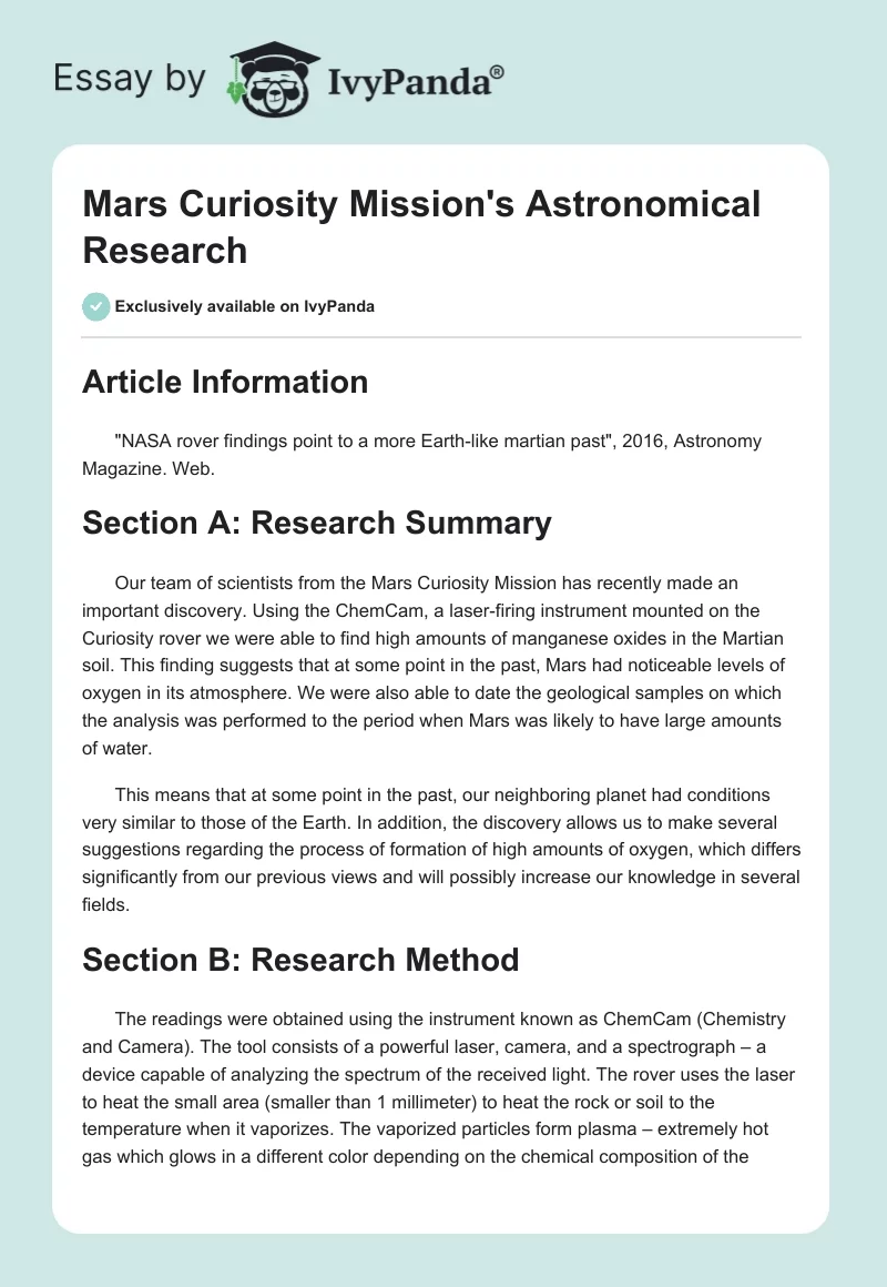 Mars Curiosity Mission's Astronomical Research. Page 1