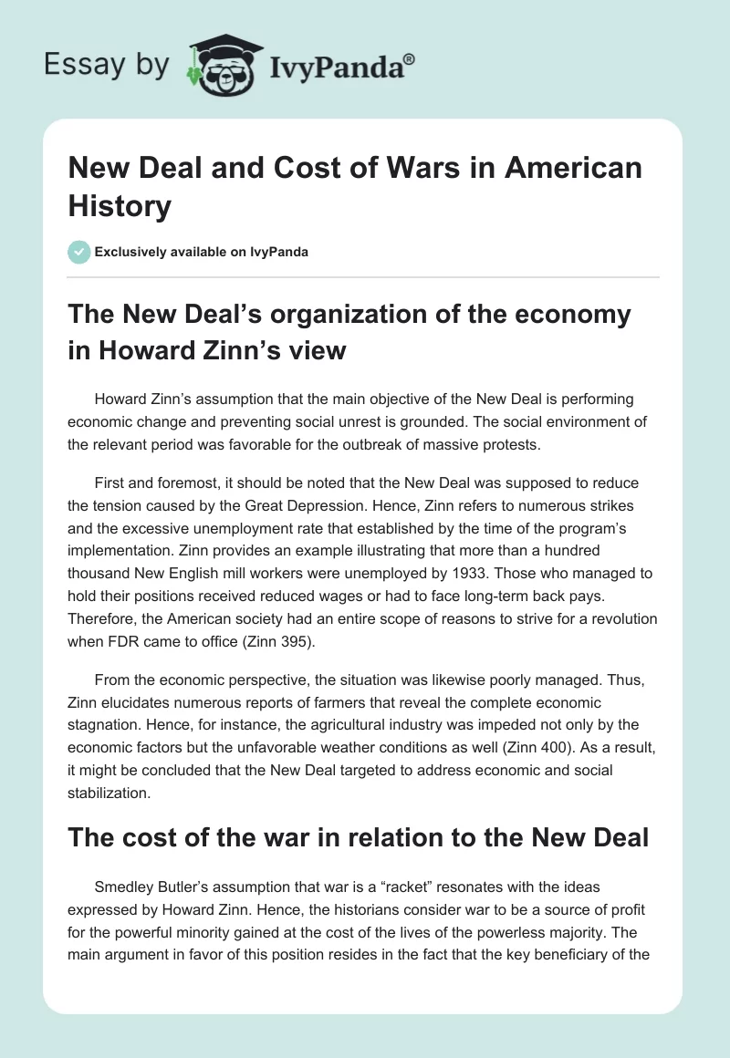 New Deal and Cost of Wars in American History. Page 1
