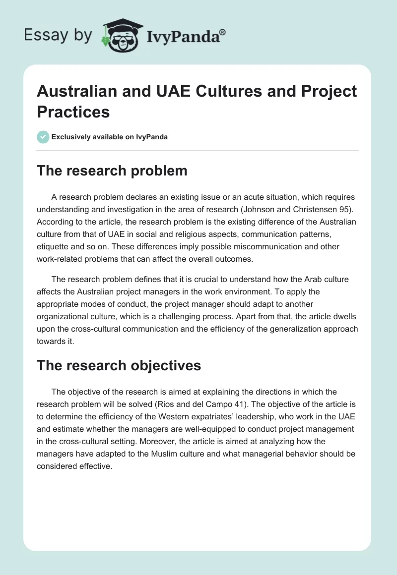 Australian and UAE Cultures and Project Practices. Page 1