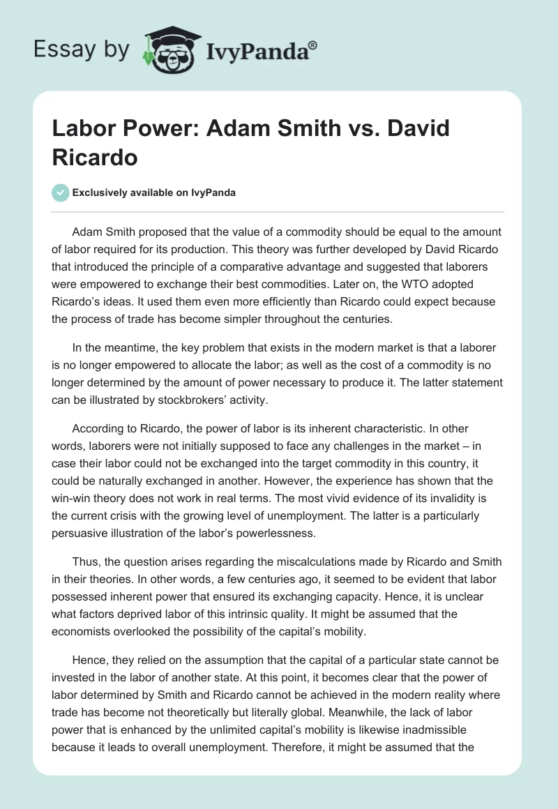 Labor Power: Adam Smith vs. David Ricardo. Page 1