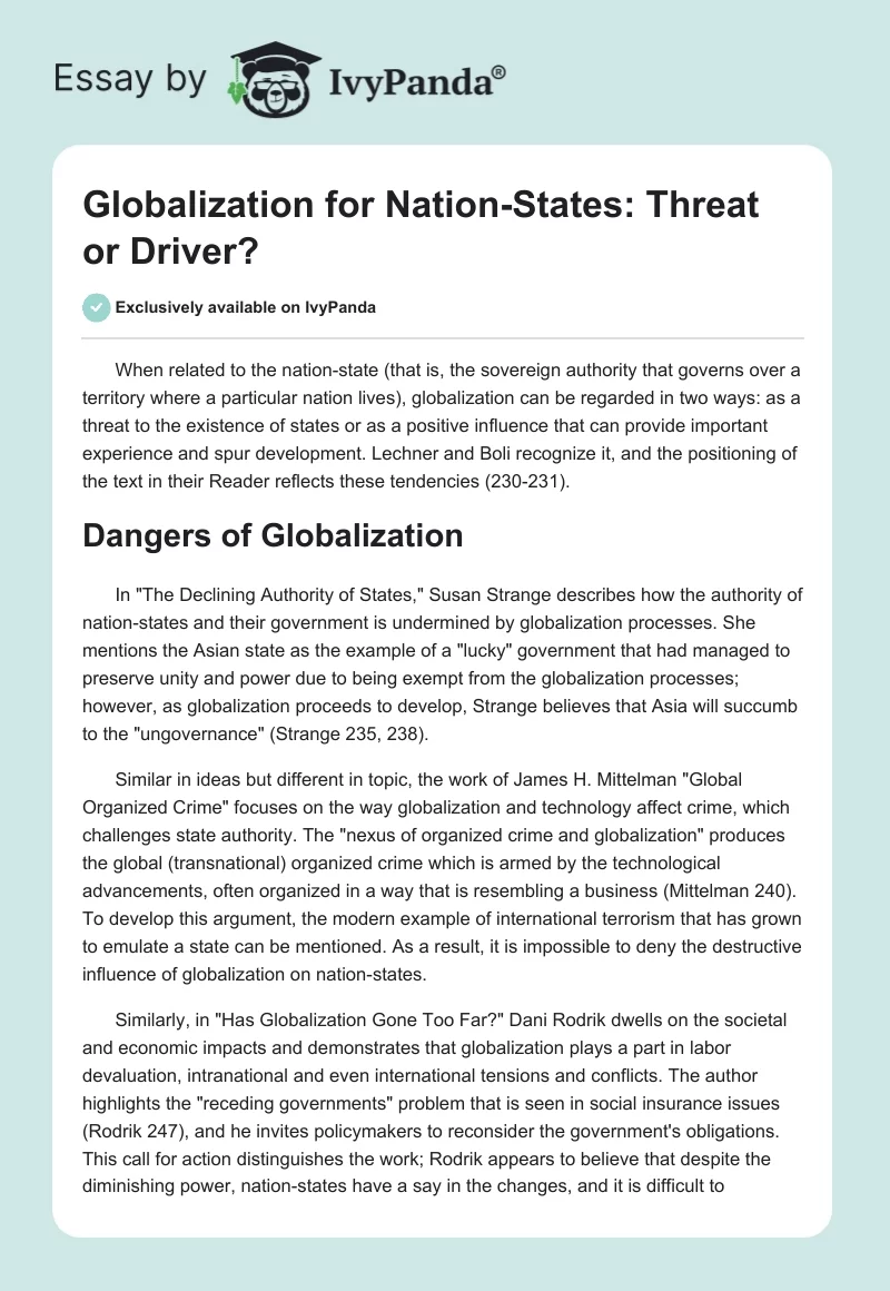 Globalization for Nation-States: Threat or Driver?. Page 1