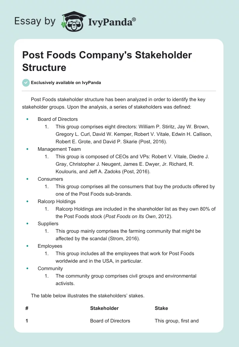 Post Foods Company's Stakeholder Structure. Page 1
