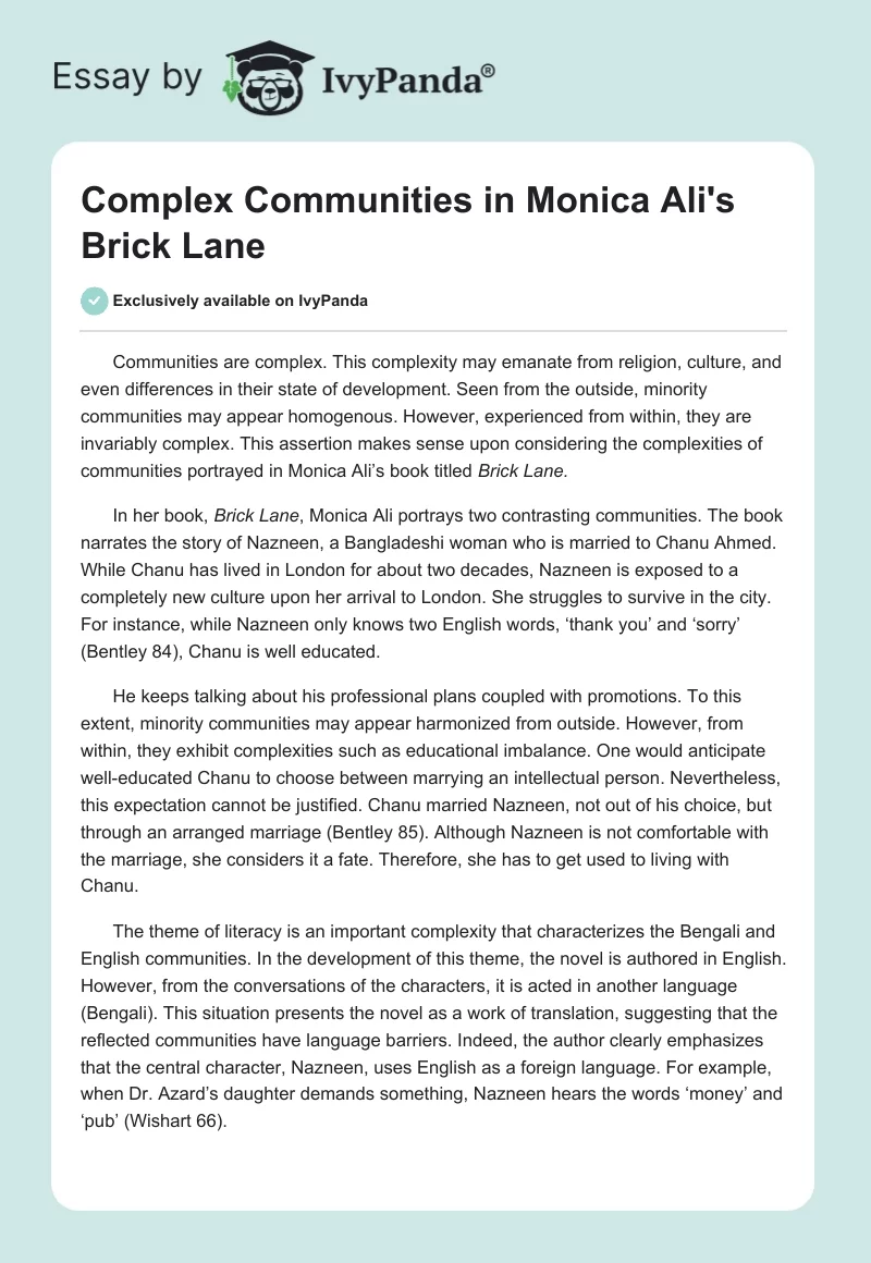 Complex Communities in Monica Ali's "Brick Lane". Page 1