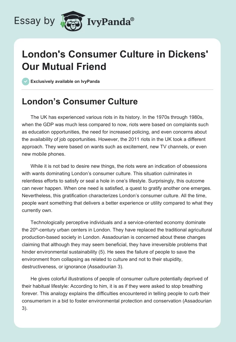 London's Consumer Culture in Dickens' "Our Mutual Friend". Page 1