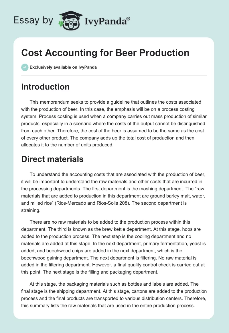 Cost Accounting for Beer Production. Page 1
