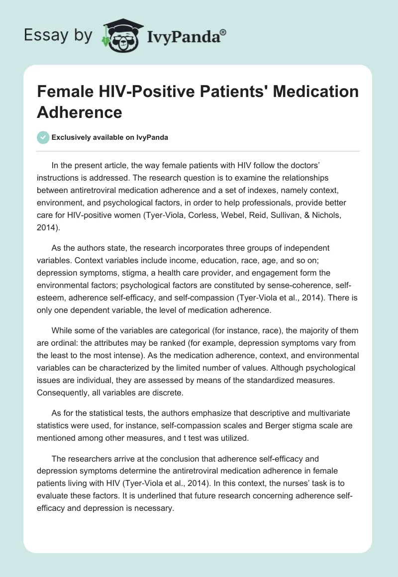 Female HIV-Positive Patients' Medication Adherence. Page 1